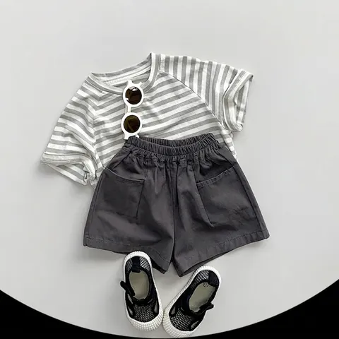 Kids Cotton Striped T-Shirt Summer Short Sleeve Round Neck Macaron Color Korean Style Casual Top For Boys Girls Baby