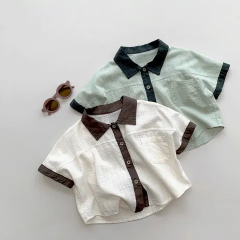 Kinderen Katoenen Korte Mouw Overhemd Contrastkleur Revers Knoop Casual Zomer Top Voor Jongens Meisjes School Dagelijks Comfort
