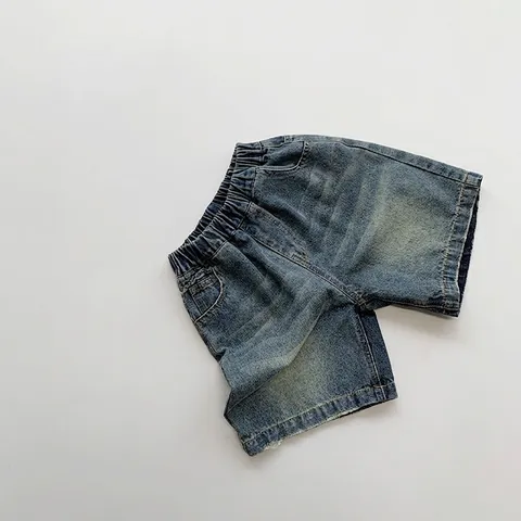 Kids Vintage Denim Shorts For Boys Girls Summer Casual Elastic Waist Washed Five-Point Pants Comfortable Cotton Shorts