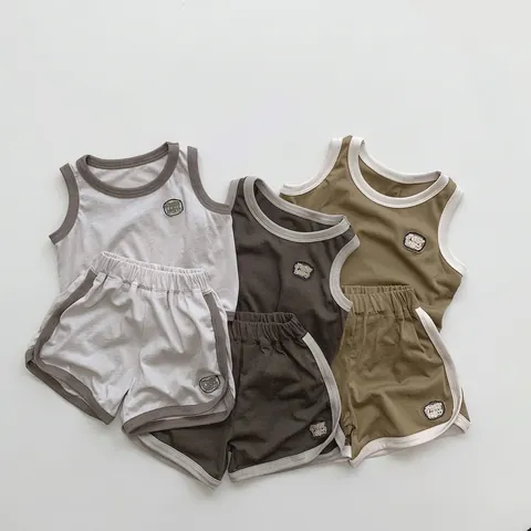 Kinder Gestrickte Baumwolle Weste Sommer Ärmelloses T-Shirt Kontrastbindung Buchstaben Patch Rundhals Koreanischer Stil Top Für Jungen Mädchen