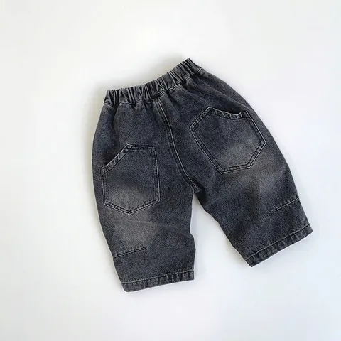 Kids Korean Style Washed Denim Jeans Elastic Waist Retro Casual Trousers For Boys Girls Comfortable Cotton Denim Pants