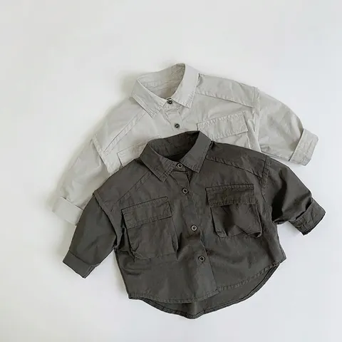 Toddler Boys Girls Cotton Cargo Shirt Jacket Long Sleeve Turn-Down Collar Double Pocket Casual Loose Fit Outerwear Top