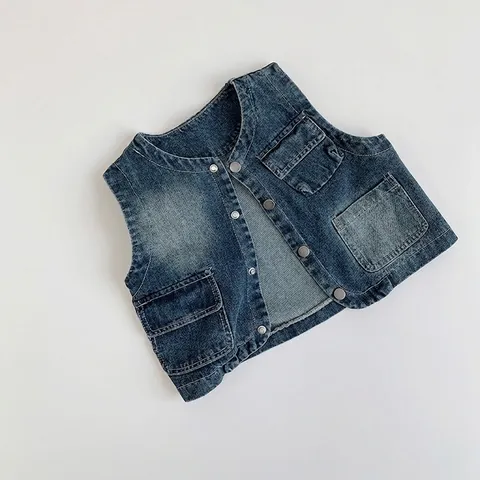 Kinder Vintage Denim Weste Koreanischer Stil Gewaschen Blau Ärmellose Jacke Für Jungen Mädchen Herbst Frühling Lässig Baumwolle