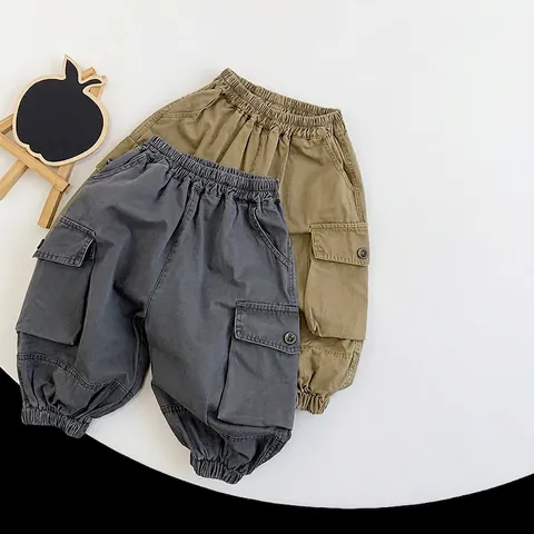 Kids Cotton Cargo Pants Boys Girls Casual Loose Elastic Waist Trousers Outdoor Multi Pocket Autumn Workwear Fashion Pants