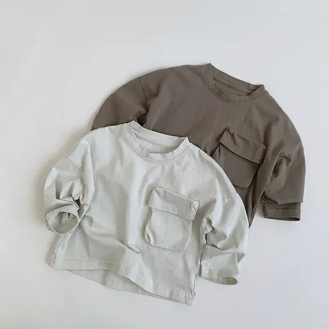 Toddler Kids Long Sleeve Cotton T-Shirt Casual Round Neck Cargo Pocket Top For Boys Girls Autumn Solid Color Soft Apparel