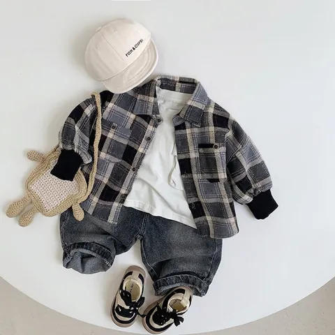 Giacca a Camicia a Quadri per Bambini in Stile Coreano in Cotone Flanella Ispessita a Maniche Lunghe con Polsini a Costine