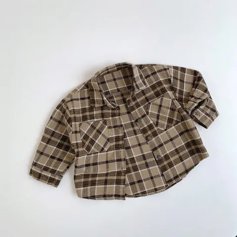 Vintage Plaid Shirt For Kids Boys Girls Cotton Long Sleeve Turn Down Collar Workwear Style Casual Button Up Jacket Top