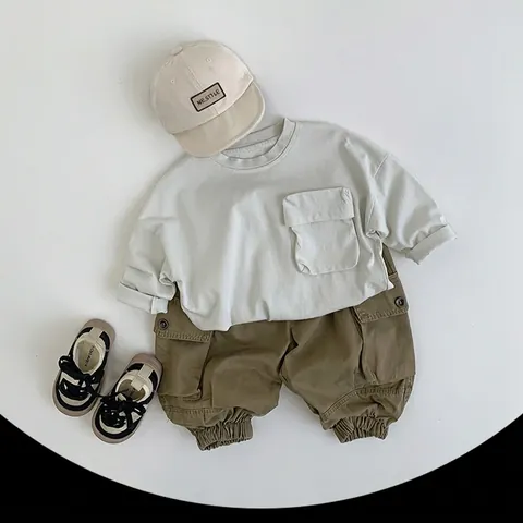 Toddler Kids Long Sleeve Cotton T-Shirt Casual Round Neck Cargo Pocket Top For Boys Girls Autumn Solid Color Soft Apparel