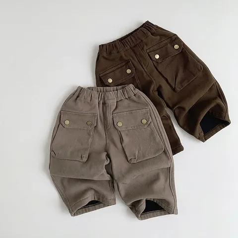 Kids Winter Fleece Lined Cargo Pants Thickened Warm Cotton Elastic Waist Casual Outdoor Trousers For Boys Girls