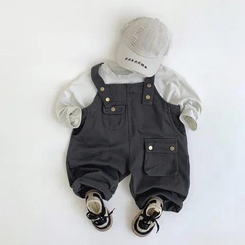 Overol Cargo de Algodón para Niños Estilo Coreano Mono Casual de Color Sólido Con Bolsillos para Niños Niñas Pantalones de Moda