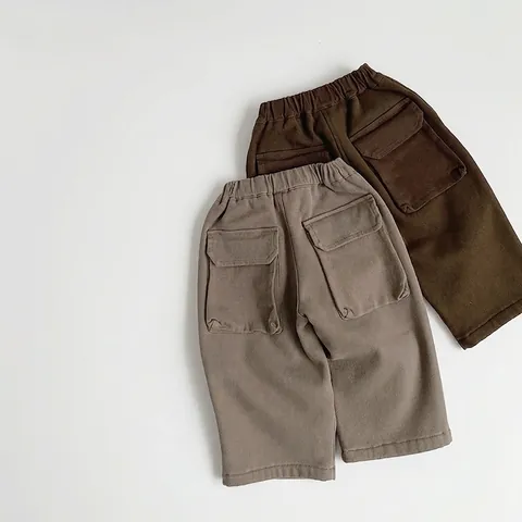 Kids Winter Fleece Lined Cargo Pants Thickened Warm Cotton Elastic Waist Casual Outdoor Trousers For Boys Girls