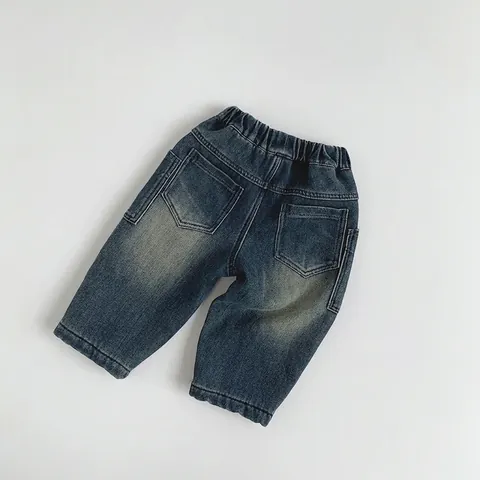 Pantaloni in Denim Foderati in Pile Invernali per Bambini Stile Coreano Jeans Lavati Spessi Caldi per Ragazzi Ragazze Casual Outdoor Grigio Blu