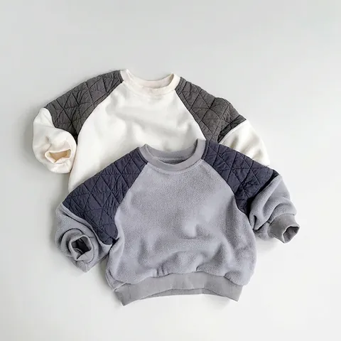 Kinder Fleece Sweater Contrastkleur Gewatteerde Pullover Met Lange Mouwen Warme Winter Casual Top Voor Jongens Meisjes