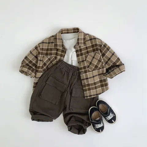 Vintage Plaid Shirt For Kids Boys Girls Cotton Long Sleeve Turn Down Collar Workwear Style Casual Button Up Jacket Top