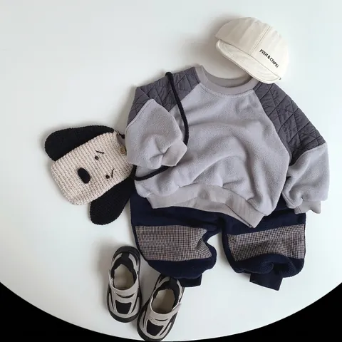 Kinder Fleece Sweater Contrastkleur Gewatteerde Pullover Met Lange Mouwen Warme Winter Casual Top Voor Jongens Meisjes