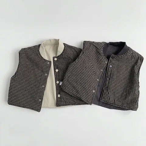 Chaleco Cálido Acolchado para Niños de Estilo Coreano Reversible de Algodón Bolsillo a Cuadros Botonadura Simple Engrosado Otoño Invierno Ropa de Abrigo para Niños Pequeños Chaleco