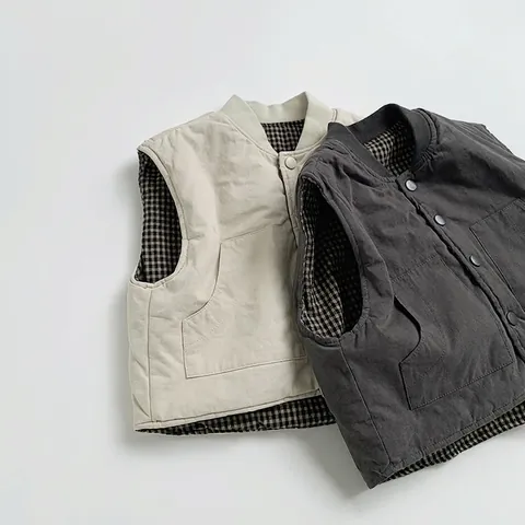 Chaleco Cálido Acolchado para Niños de Estilo Coreano Reversible de Algodón Bolsillo a Cuadros Botonadura Simple Engrosado Otoño Invierno Ropa de Abrigo para Niños Pequeños Chaleco