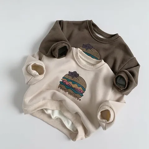 Sweat-shirt en Polaire pour Enfants Style Coréen Imprimé Burger Mélange de Coton Manches Longues Pull Chaud Garçons Filles
