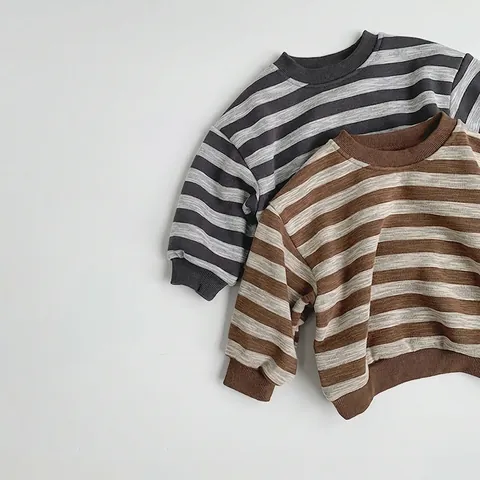 Sweat-shirt en Polaire à Rayures Rétro pour Enfants Garçons Filles Pullover Chaud Hiver Manches Longues Col Rond en Coton Polyester