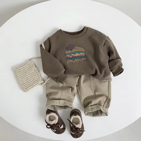 Sweat-shirt en Polaire pour Enfants Style Coréen Imprimé Burger Mélange de Coton Manches Longues Pull Chaud Garçons Filles