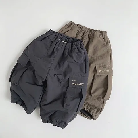 Kids Cargo Pants Fleece Lined Warm Winter Outdoor Trousers For Boys Girls Multi Pocket Windproof Nylon Pants