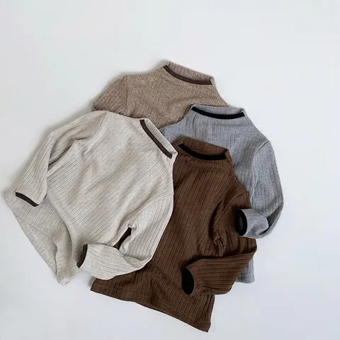 Kids Long Sleeve Ribbed Knit Bottoming Shirt Cotton Half High Neck Contrast Binding Pullover Top For Toddler Boys Girls