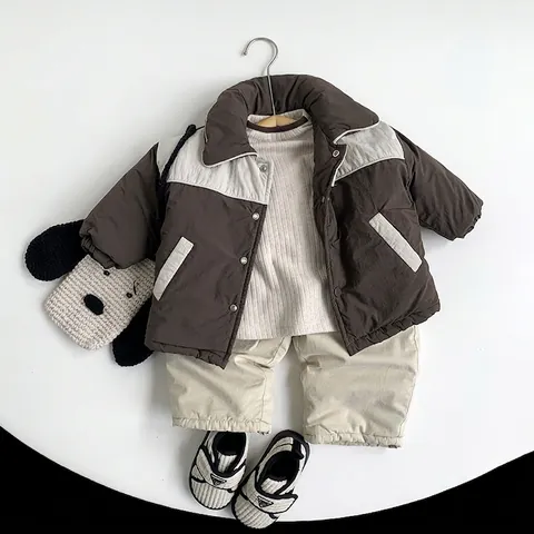 Kids Winter Padded Jacket Contrast Color Thick Warm Coat For Boys And Girls Korean Style Outerwear Button Down Top
