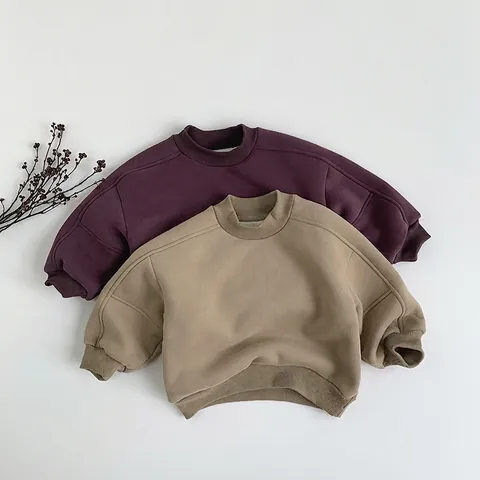 Kids Casual Katoen Fleece Gevoerd Sweatshirt Effen Kleur Koreaanse Stijl Ronde Hals Lange Mouw Warme Pullover Top