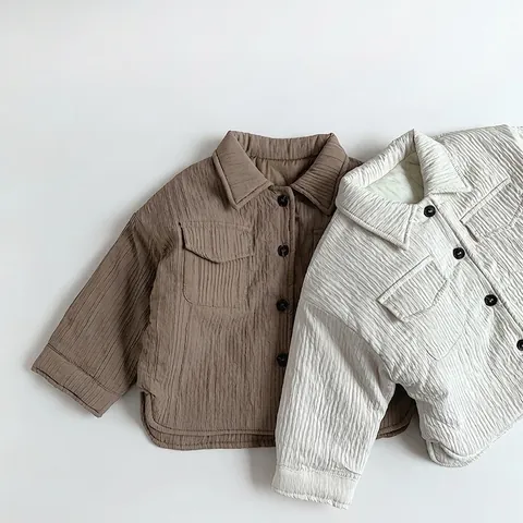 Chaqueta de Camisa Acolchada de Algodón para Niños Estilo Coreano Color Sólido Manga Larga Abrigo de Invierno Unisex