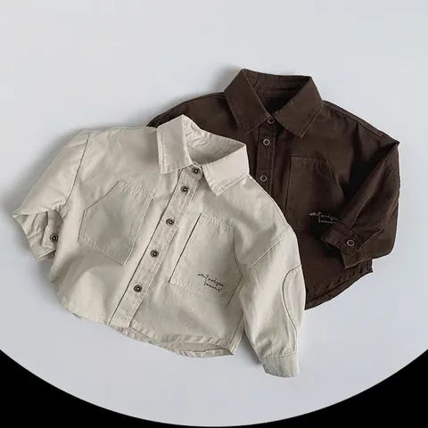 Korean Style Kids Cotton Long Sleeve Shirt Soft Forest Forest Pocket Top For Boys Girls Spring Autumn Cargo Shirt