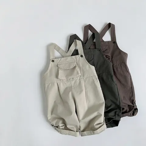 Kids Cotton Bib Pants Overalls Korean Style Solid Color Adjustable Straps Casual Workwear Trousers For Boys Girls