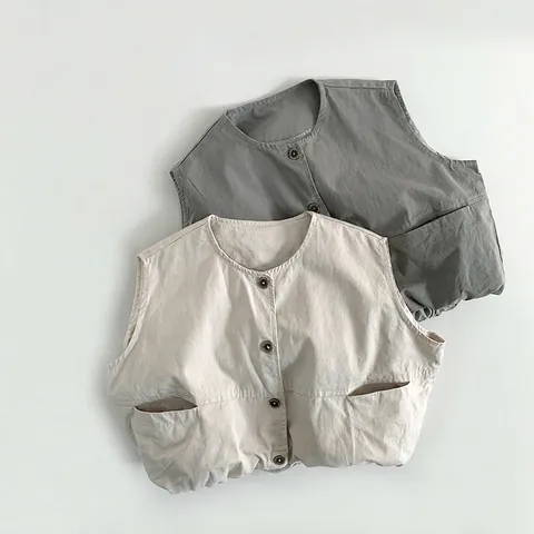 Korean Style Kids Cotton Padded Vest Sleeveless Round Neck Button Waistcoat For Boys Girls Spring Autumn Casual Outerwear