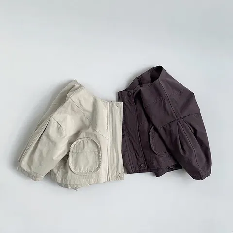 Veste en Coton pour Enfants de Style Coréen Unisexe Tout-petit Couleur Unie Col Rond Manteau Avec Grandes Poches Printemps Automne