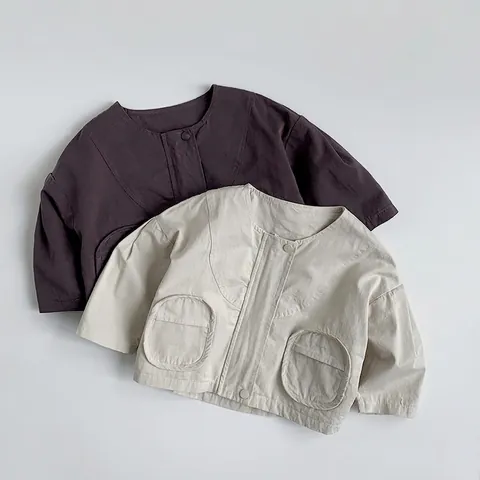 Veste en Coton pour Enfants de Style Coréen Unisexe Tout-petit Couleur Unie Col Rond Manteau Avec Grandes Poches Printemps Automne