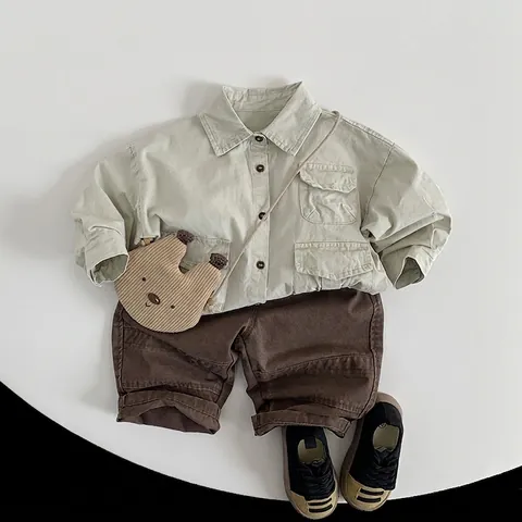 Camicia Cargo in Cotone per Bambini Camicia a Maniche Lunghe con Bottoni Top con Revers Multitasche per Ragazzi Ragazze Stile Coreano Outdoor Top Casual