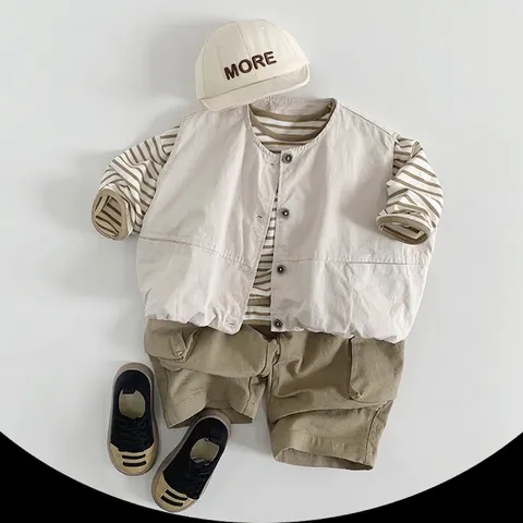 Kids Casual Cotton Cargo Pants Elastic Waist Side Pockets Outdoor Trousers For Boys Girls Spring Autumn Clothing
