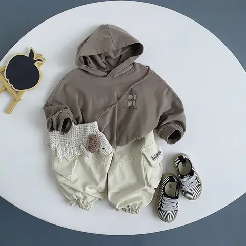Kids Hooded Sweatshirt Long Sleeve Soft Cotton Letter Print Pullover Casual Korean Style Spring Autumn Tops For Boys Girls
