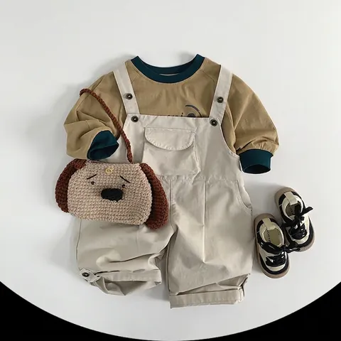 Kids Long Sleeve Cotton T-Shirt Contrast Round Neck Letter Print Korean Style Casual Pullover Top For Boys Girls