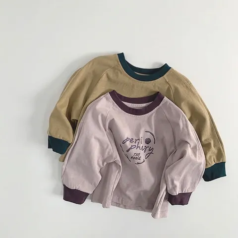 Kids Long Sleeve Cotton T-Shirt Contrast Round Neck Letter Print Korean Style Casual Pullover Top For Boys Girls