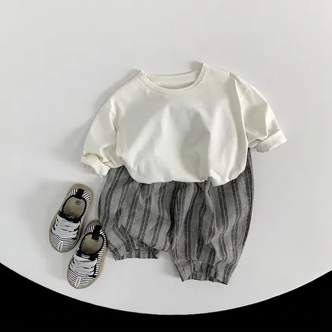 Kids Striped Cotton Harem Pants Toddler Elastic Waist Loose Casual Trousers Boys Girls Spring Autumn Soft Bottoms