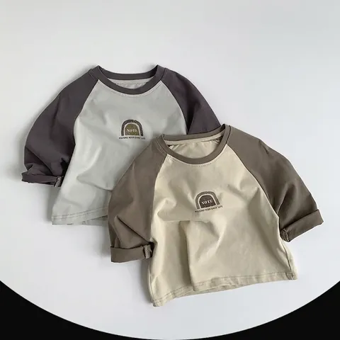 Kids Cotton Cartoon Rainbow Letter Print T-Shirt Contrast Raglan Sleeves Long Sleeve Casual Round Neck Top For Boys Girls