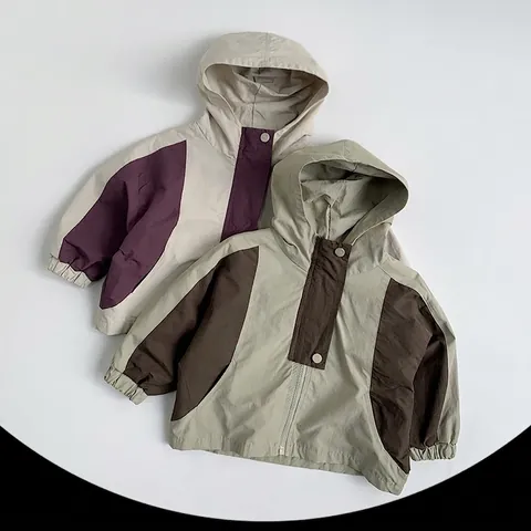 Veste À Capuche Enfant Style Coréen Bloc De Couleur Coton Coupe-vent Décontracté Vêtements Printemps Pour Garçons Et Filles