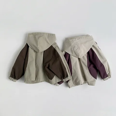 Veste À Capuche Enfant Style Coréen Bloc De Couleur Coton Coupe-vent Décontracté Vêtements Printemps Pour Garçons Et Filles