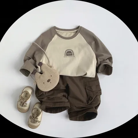 Kids Cotton Cartoon Rainbow Letter Print T-Shirt Contrast Raglan Sleeves Long Sleeve Casual Round Neck Top For Boys Girls