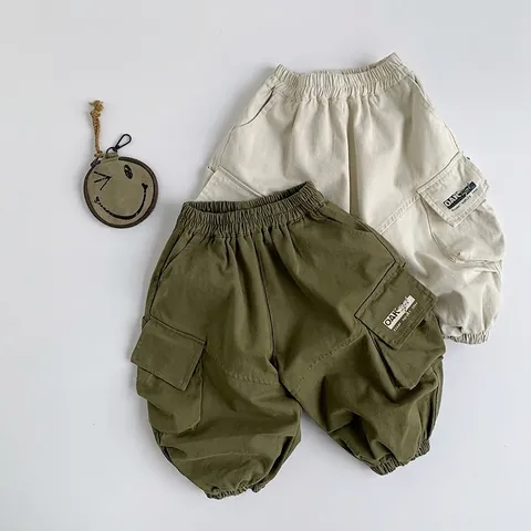 Pantalon Cargo en Coton pour Enfants Garçons Filles Pantalon de Jogging Décontracté Style Coréen Taille Élastique Multi-Poches