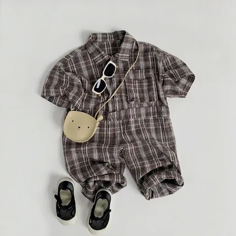 Toddler Kids Plaid Romper Cotton Short Sleeve Jumpsuit Korean Style Summer One Piece Outfit For Boys Girls