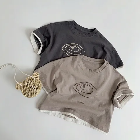 Korean Style Kids Cotton Short Sleeve T-Shirt Fake Two Piece Design Round Neck Alphabet Print Breathable Summer Top