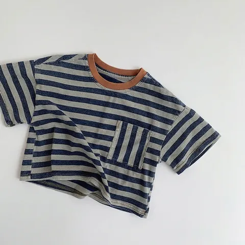 Vintage Gestreiftes T-Shirt Für Kinder Jungen Mädchen Baumwolle Kurzarm Top Koreanischer Mori-Stil Rundhals Casual Tee