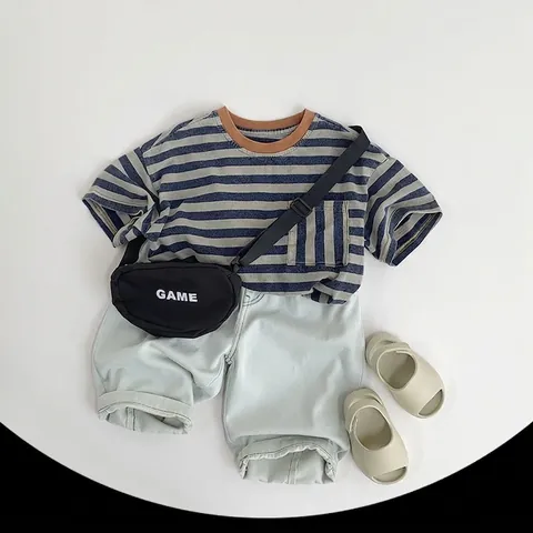 Vintage Gestreiftes T-Shirt Für Kinder Jungen Mädchen Baumwolle Kurzarm Top Koreanischer Mori-Stil Rundhals Casual Tee