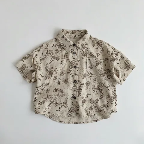 Camicia a Maniche Corte con Stampa di Foglie di Pianta Retrò per Bambini in Cotone con Colletto Rovesciato Top Estivo Casual per Ragazzi e Ragazze